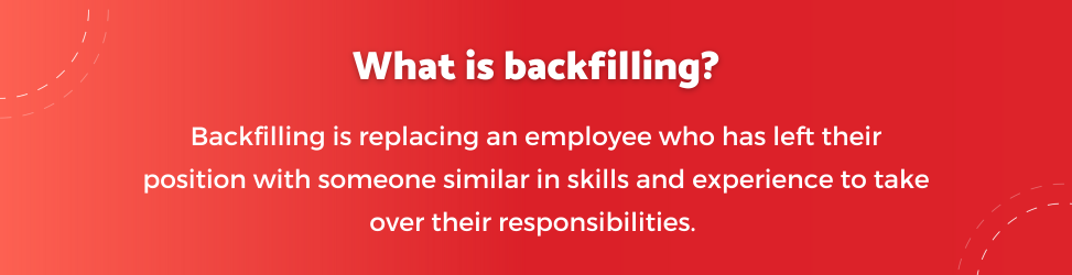 What is backfilling? Backfilling is replacing an employee who has left their position with someone similar in skills and experience 
